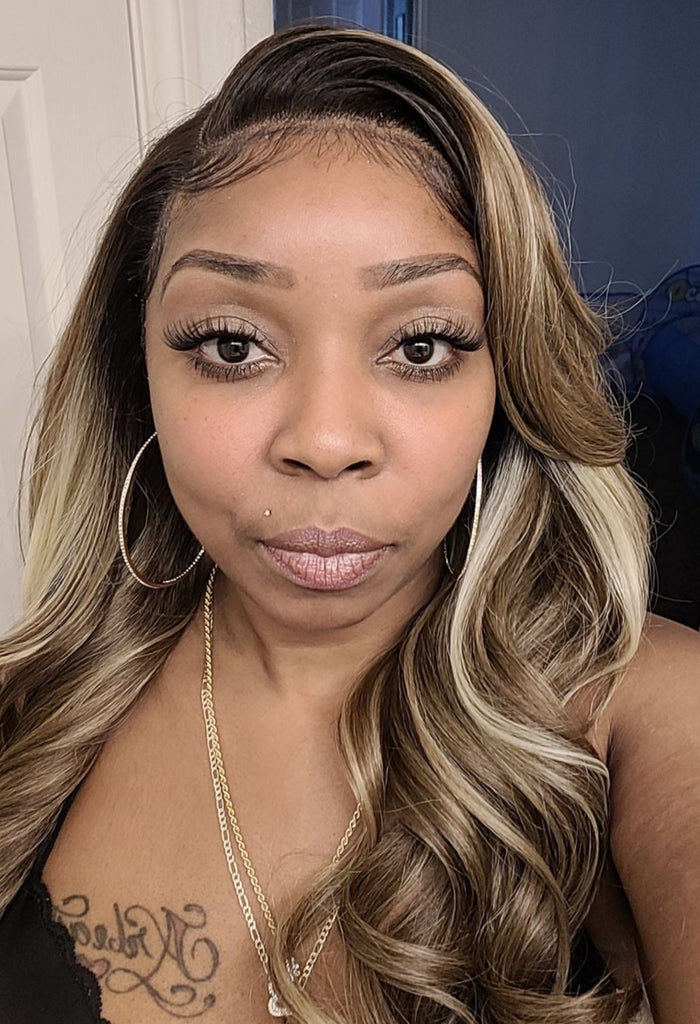 Long Dark Blonde Lace Front Wig Highlights (13x6) Curly Free Part - Skylar