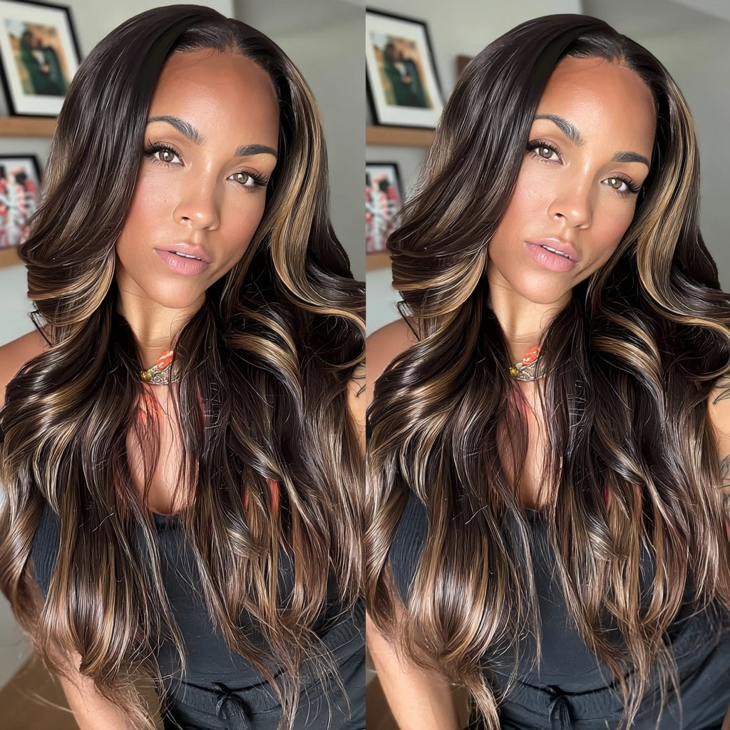 Long Loose Waves Lace Front Wig (13x6) Brown with Highlights - Aubrey
