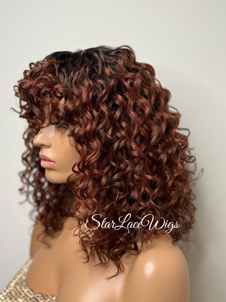 Curly Dark Ginger Bob Wig Bangs - Aurelia