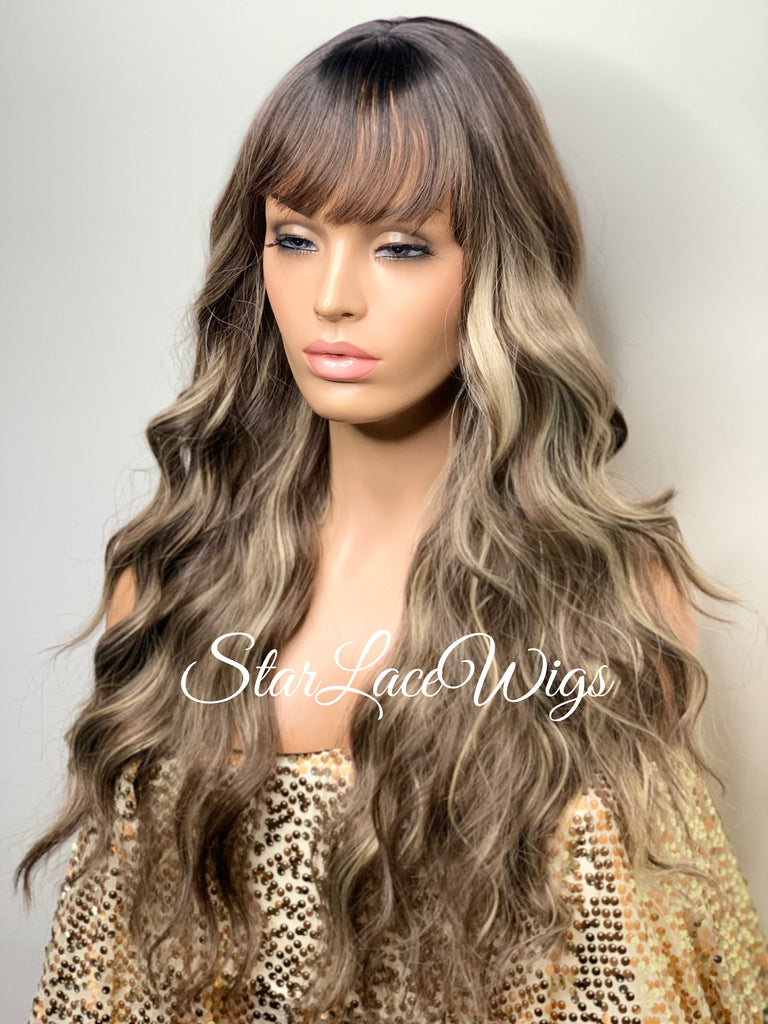 Long Wavy Brown Wig Center Part Blonde Highlights Bangs - Tiffany