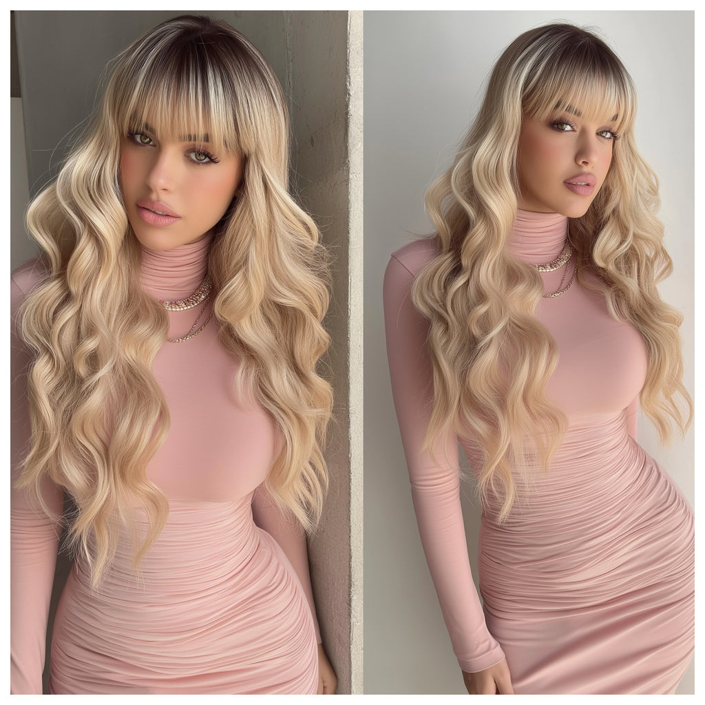 Long Full Wig Synthetic Wavy Blonde Dark Roots Middle Part Bangs - Millie