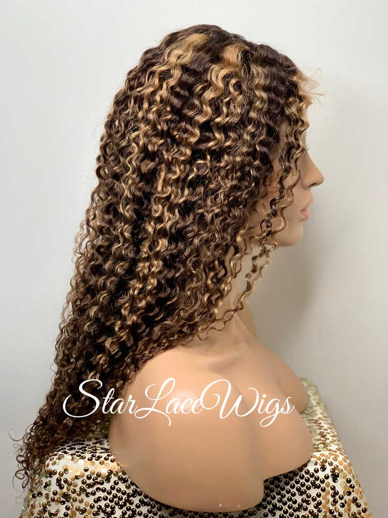 Lace Front Wig Kinky Curly Brown #4 T-Part Wig #27 Highlights - Cora