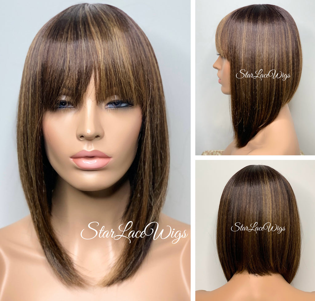 Short Straight Bob Wig with Bangs Brown Highlights - Karmen
