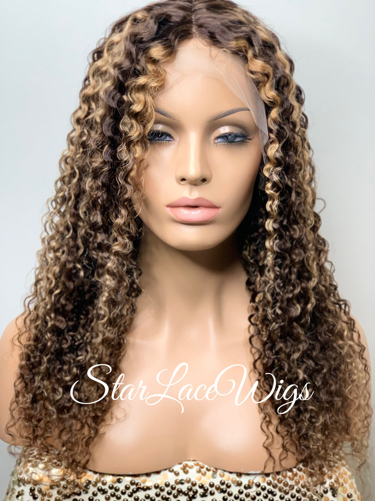 Lace Front Wig Kinky Curly Brown #4 T-Part Wig #27 Highlights - Cora