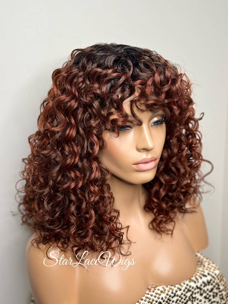 Curly Dark Ginger Bob Wig Bangs - Aurelia