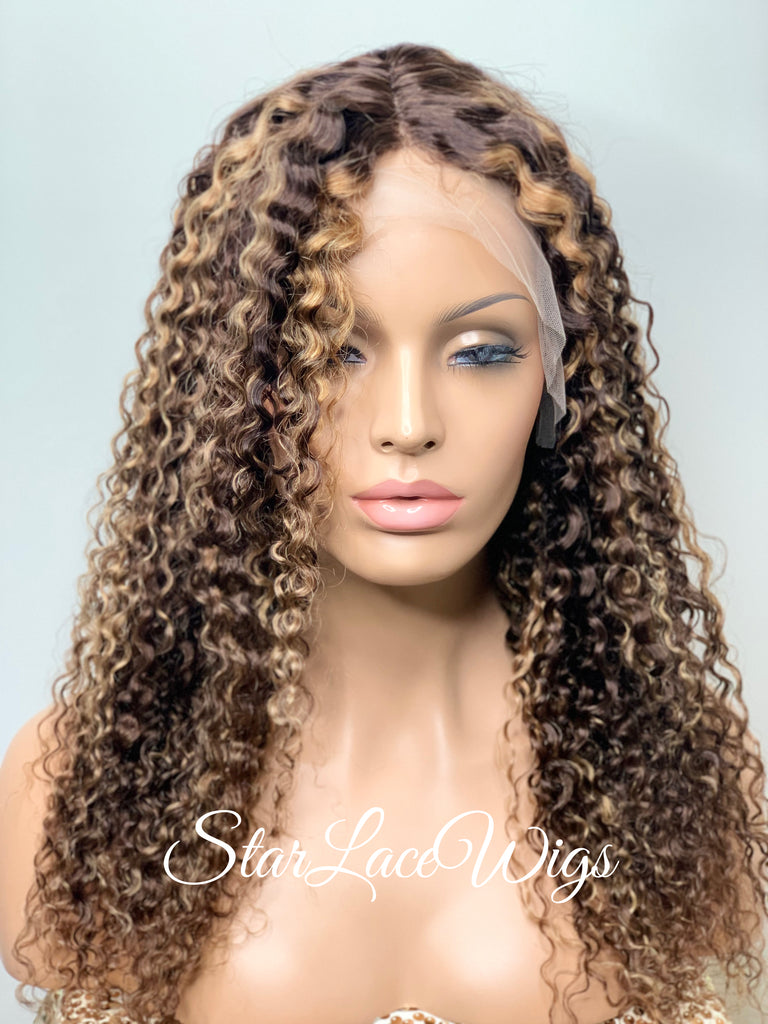 Lace Front Wig Kinky Curly Brown #4 T-Part Wig #27 Highlights - Cora