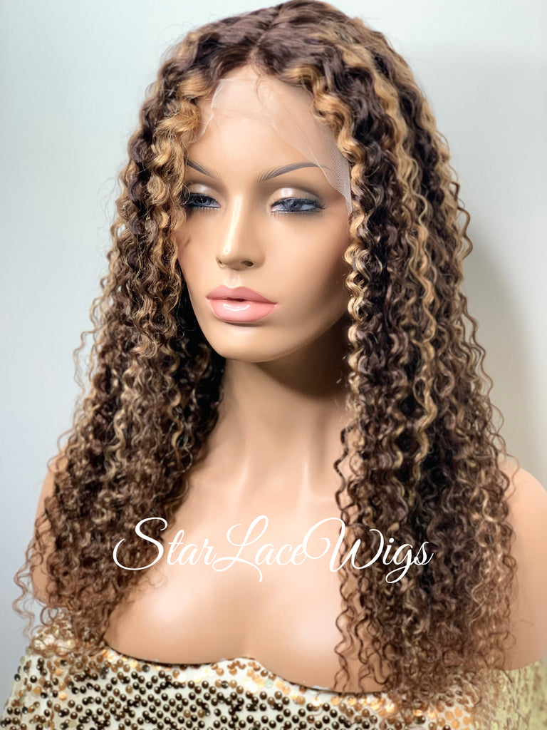 Lace Front Wig Kinky Curly Brown #4 T-Part Wig #27 Highlights - Cora