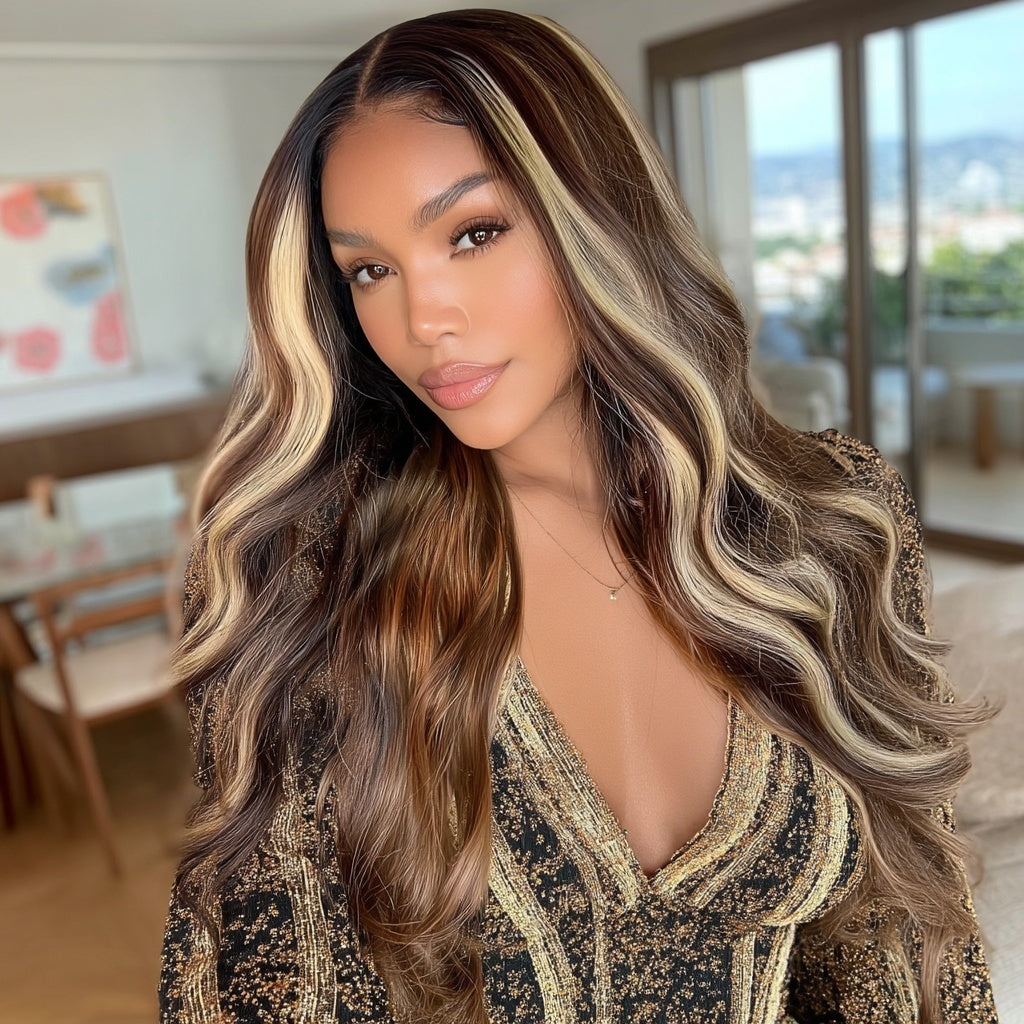 Long Wavy Brown Blonde Highlights HD Lace Front Wig Center Part - Kira