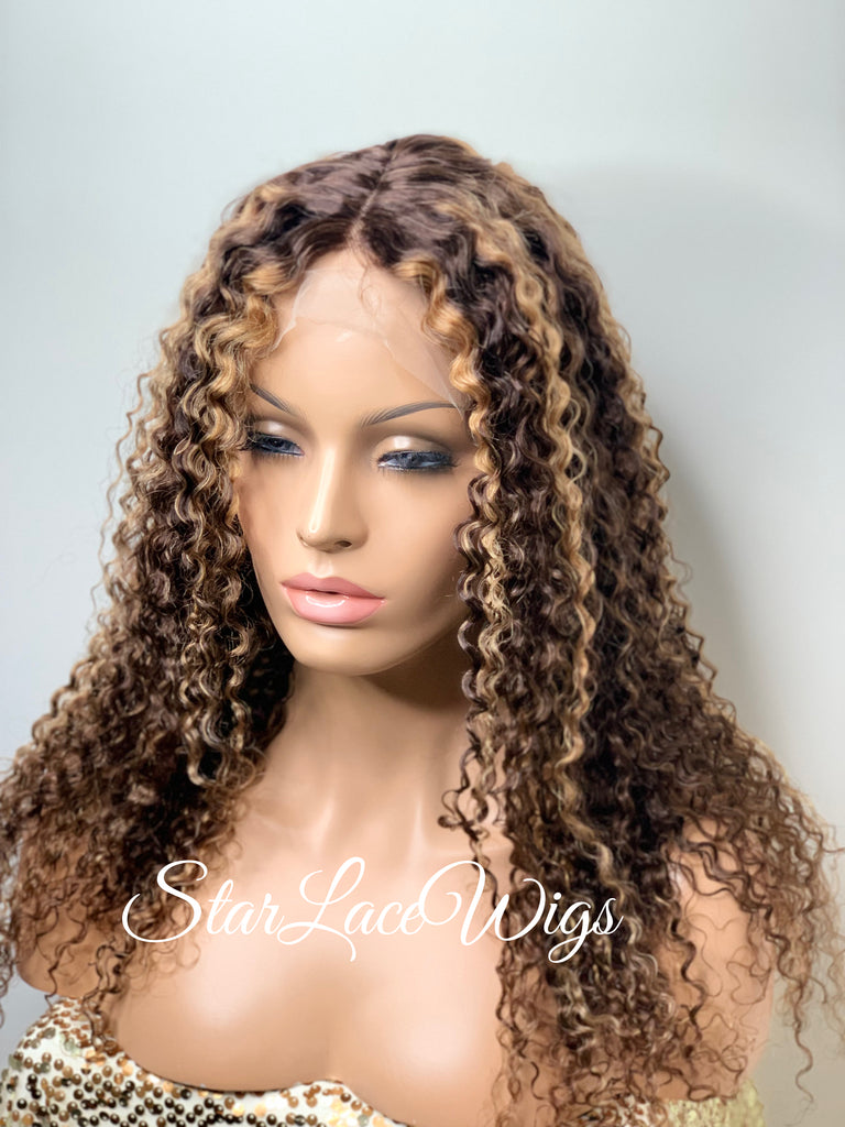 Lace Front Wig Kinky Curly Brown #4 T-Part Wig #27 Highlights - Cora