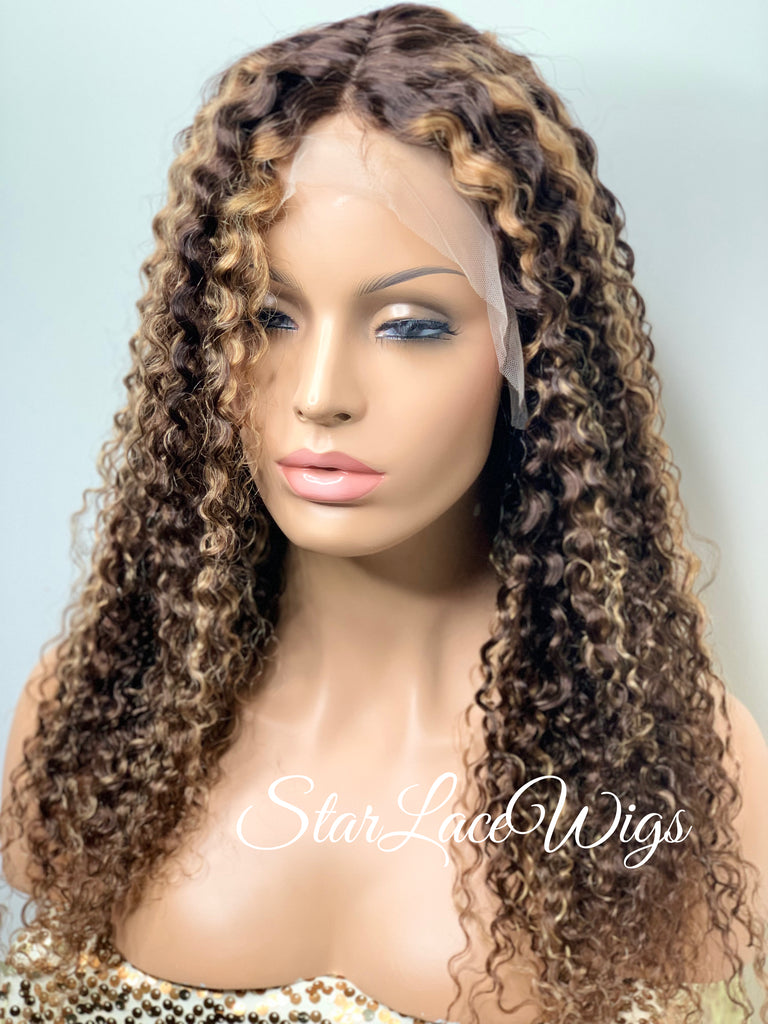 Lace Front Wig Kinky Curly Brown #4 T-Part Wig #27 Highlights - Cora