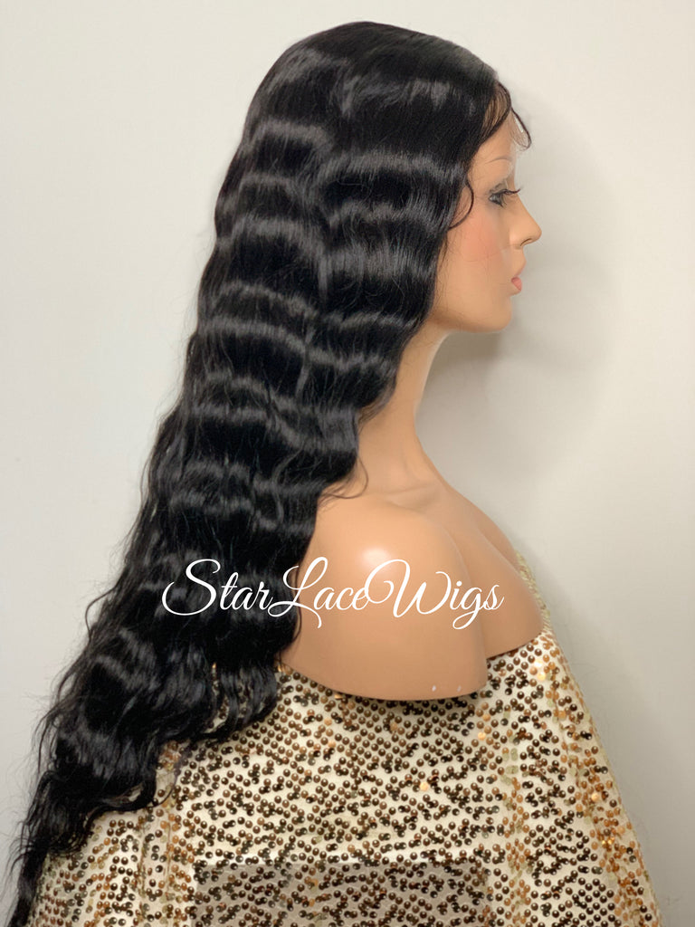 Long Black Crimped Wavy Human Hair Blend HD Lace Front Wig - Anita