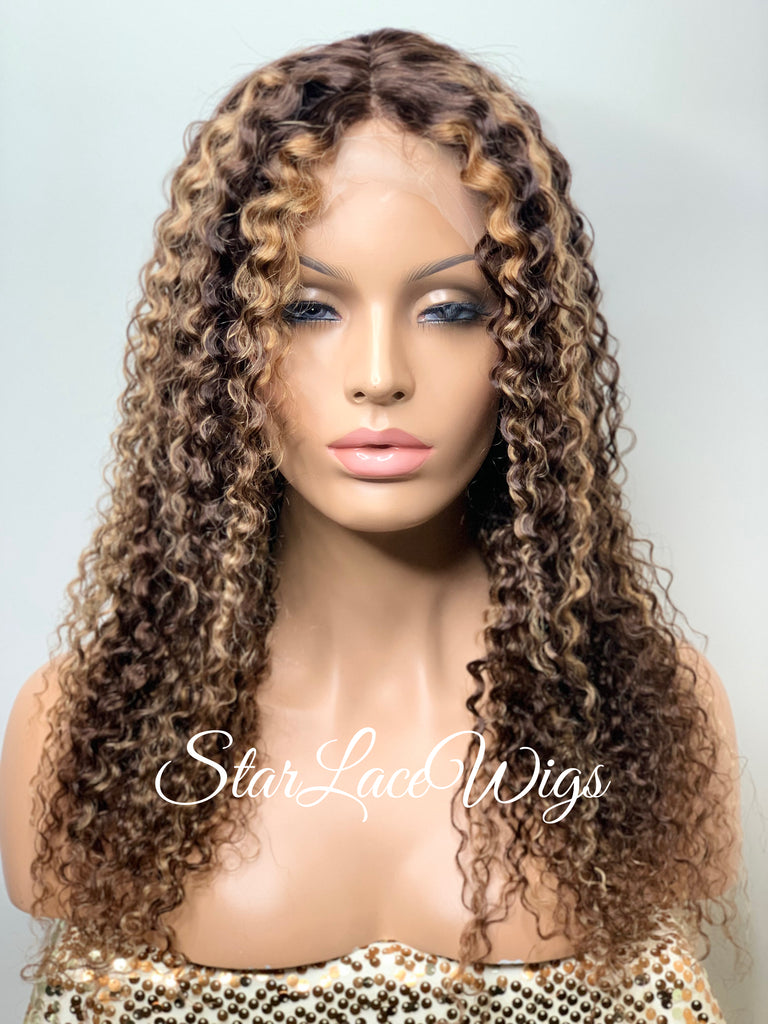 Lace Front Wig Kinky Curly Brown #4 T-Part Wig #27 Highlights - Cora