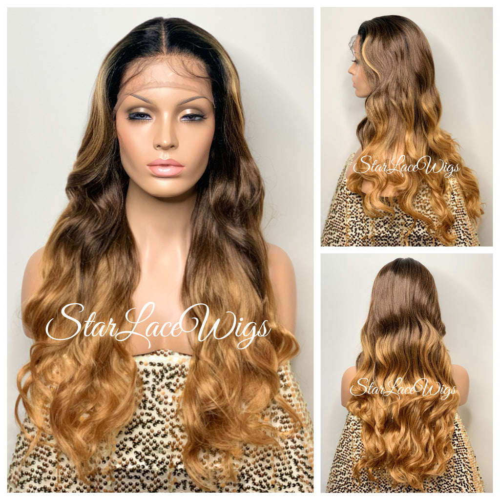 Long Brown Auburn Ombre Lace Front Wig Center Part - Ramona