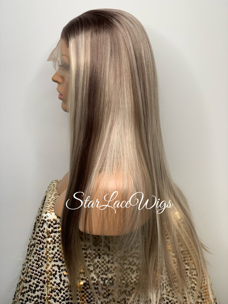 Long Straight Lace Front Wig (13x4) Ash Platinum Blonde Balayage - Paige