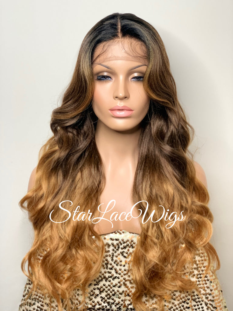 Long Brown Auburn Ombre Lace Front Wig Center Part - Ramona