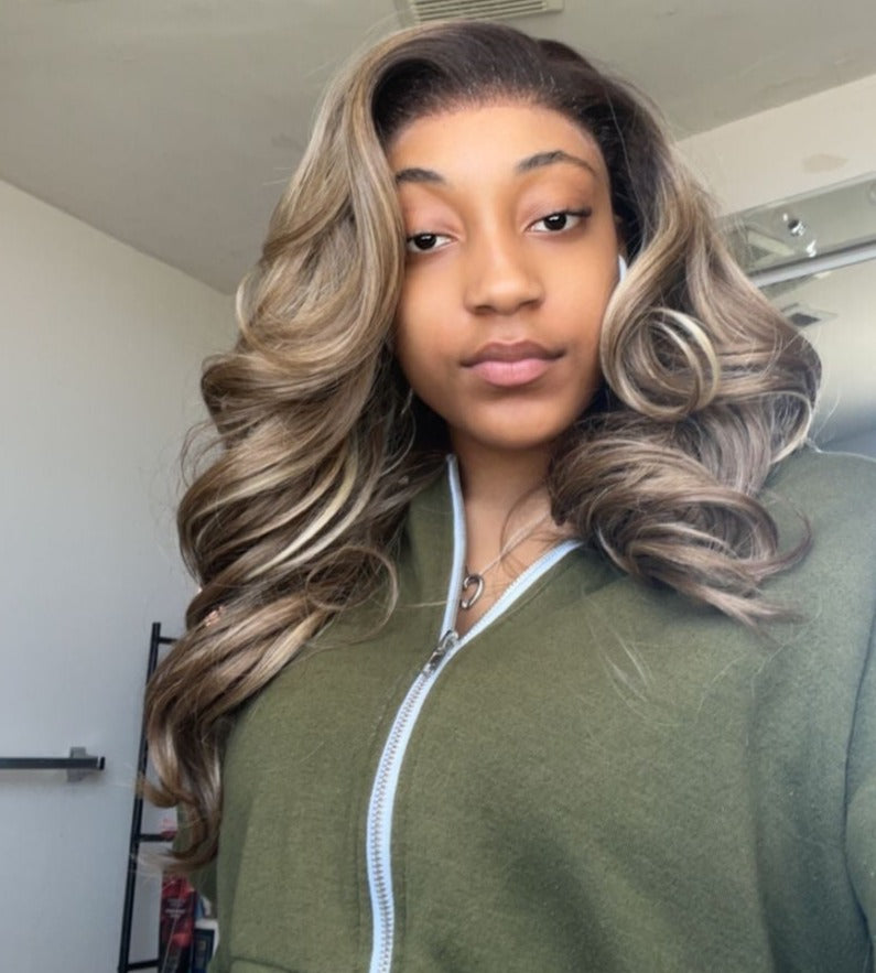 Long Dark Blonde Lace Front Wig Highlights (13x6) Curly Free Part - Skylar