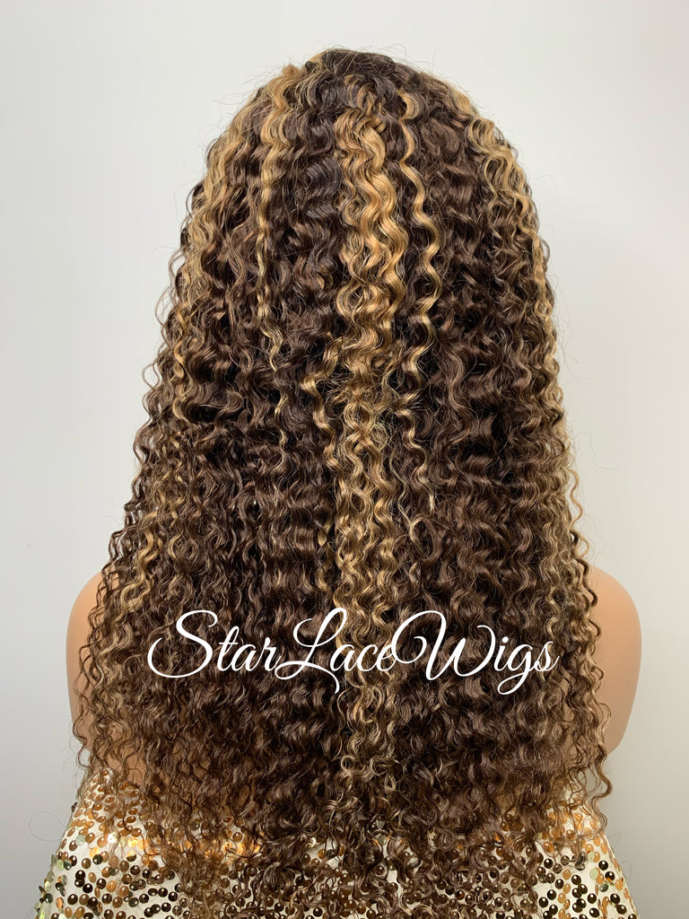 Lace Front Wig Kinky Curly Brown #4 T-Part Wig #27 Highlights - Cora