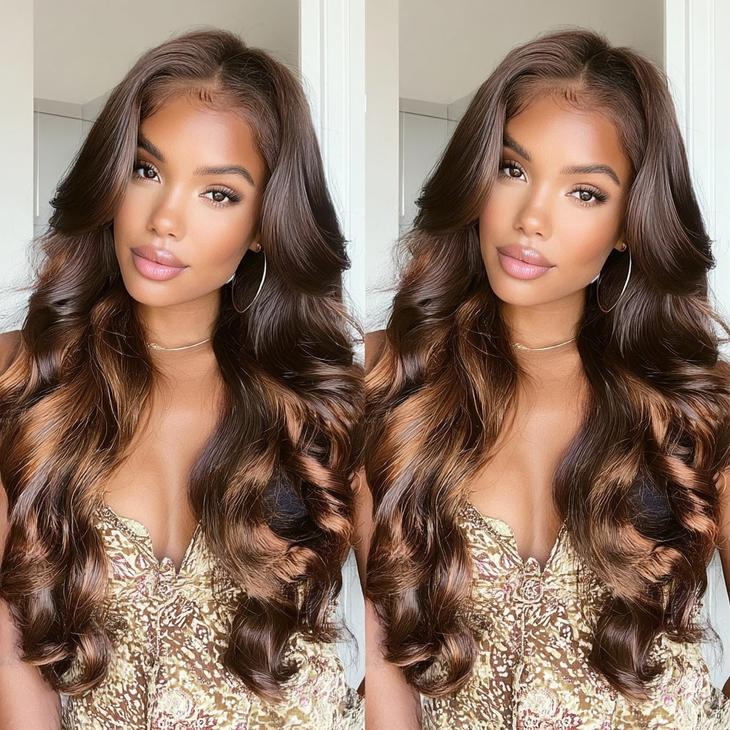 Long Loose Curls Lace Front Wig (13x6) Brown with Highlights - Lucinda