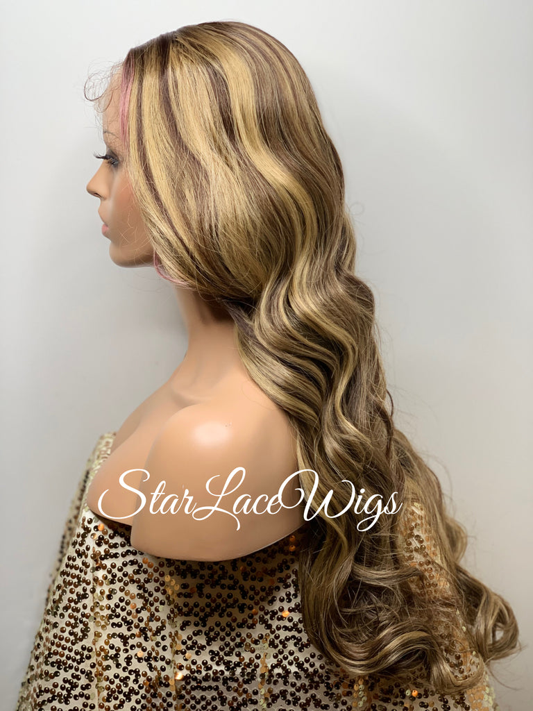 Long Brown Blonde Mix Loose Curls Human Hair Blend Lace Front Wig Pink Bangs - Lillian
