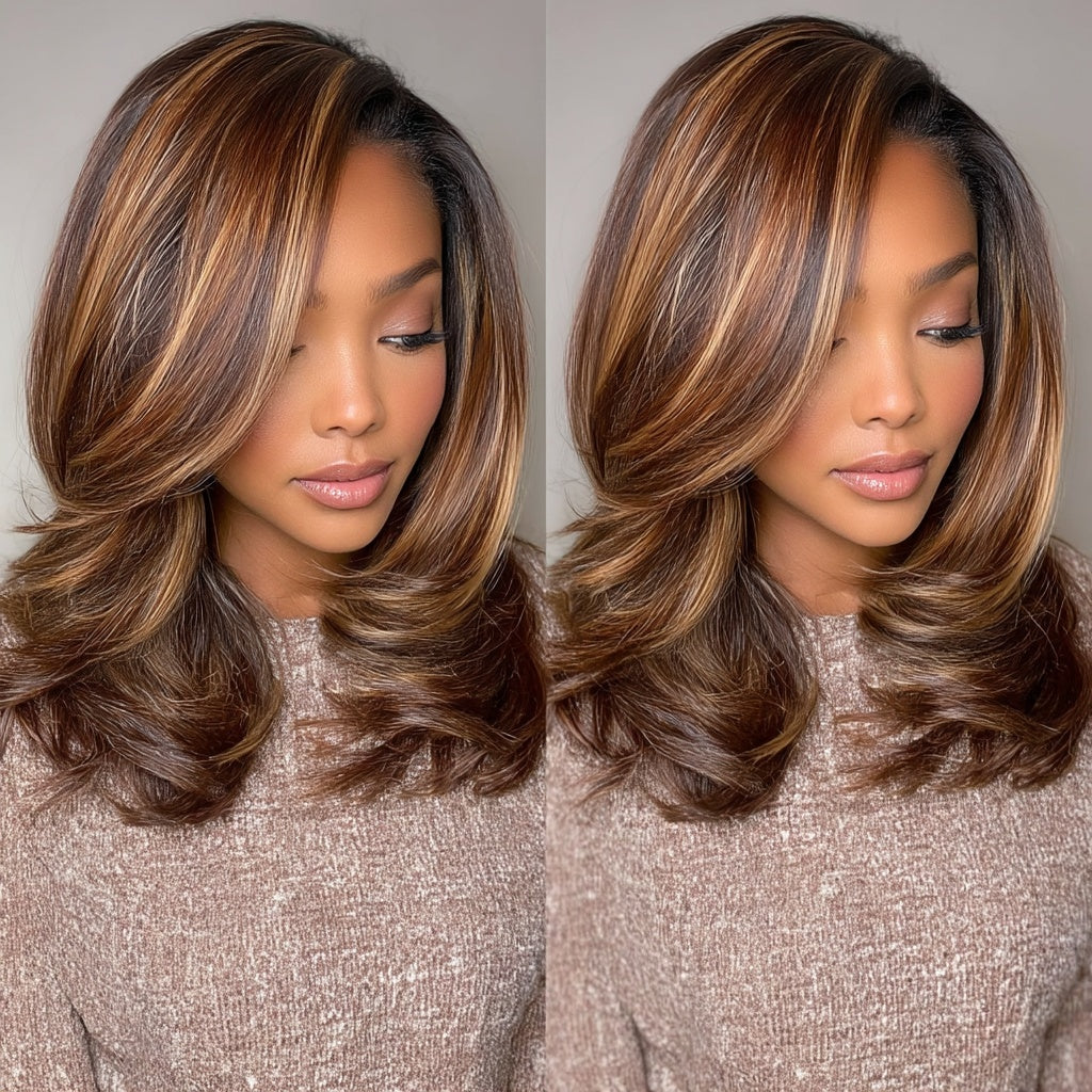 Lace Front Wig HD Long Straight Layers Brown Auburn Mix - Justina