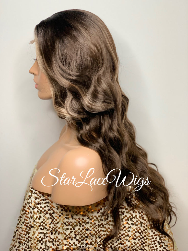 Long Wavy Wig Dark Brown Center Part Highlights Synthetic - Renee