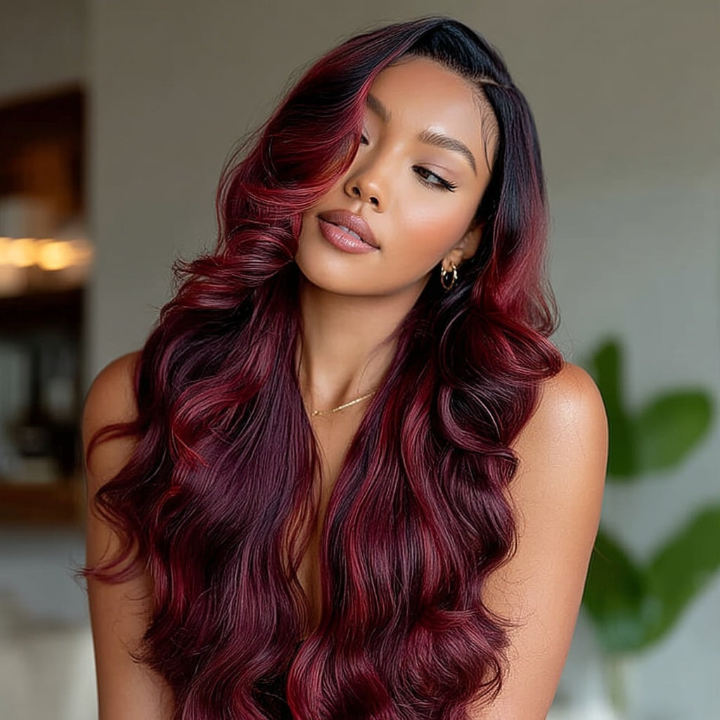 Long Burgundy/Red Human Hair Blend HD Lace Front Wig (13x6) Body Wave - Mara