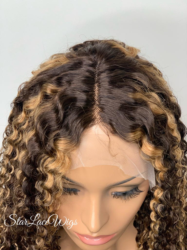 Lace Front Wig Kinky Curly Brown #4 T-Part Wig #27 Highlights - Cora