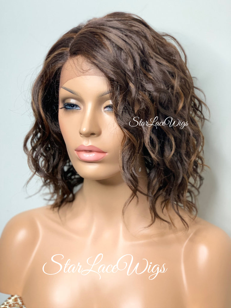 Wavy Bob Wig With Bangs Lace Front Side Part #4 Highlights #30 - Doris
