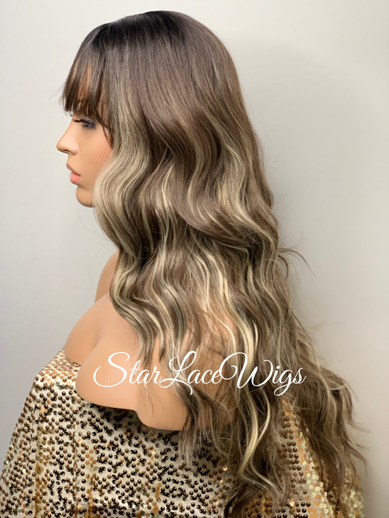 Long Wavy Brown Wig Center Part Blonde Highlights Bangs - Tiffany