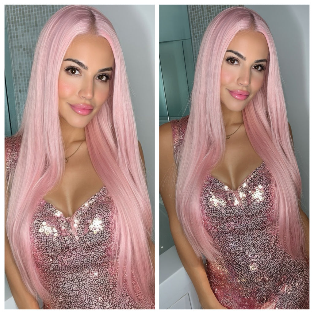 Long Straight Pastel Light Pink Human Hair Blend Lace Front Wig - Rosa