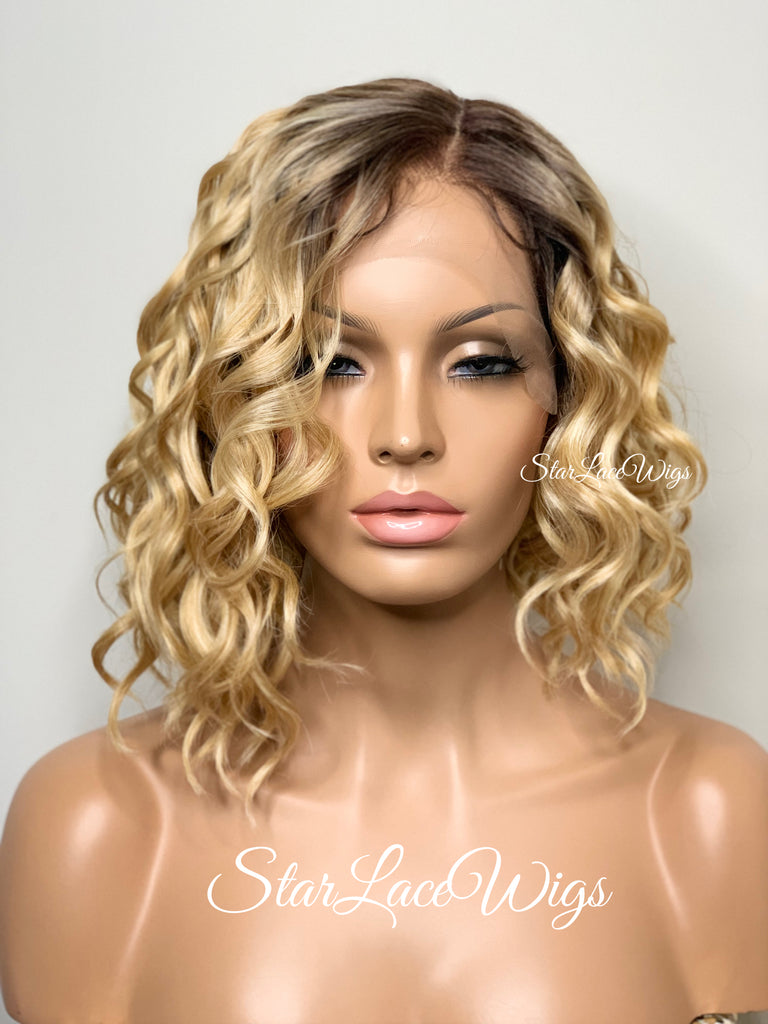 Lace Front Wig Short Wavy Blonde Synthetic Bob Brown Roots - Winnie