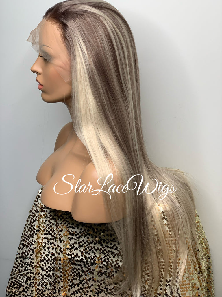 Long Straight Lace Front Wig (13x4) Ash Platinum Blonde Balayage - Paige