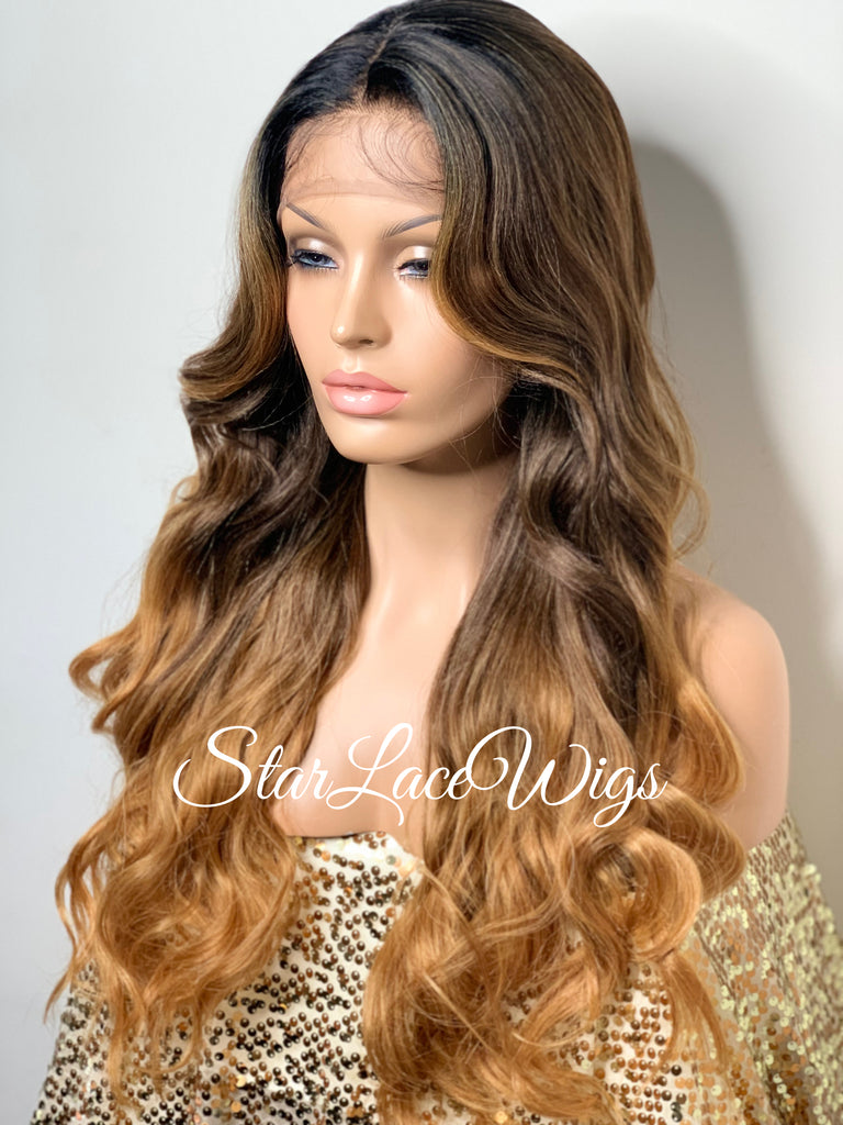 Long Brown Auburn Ombre Lace Front Wig Center Part - Ramona