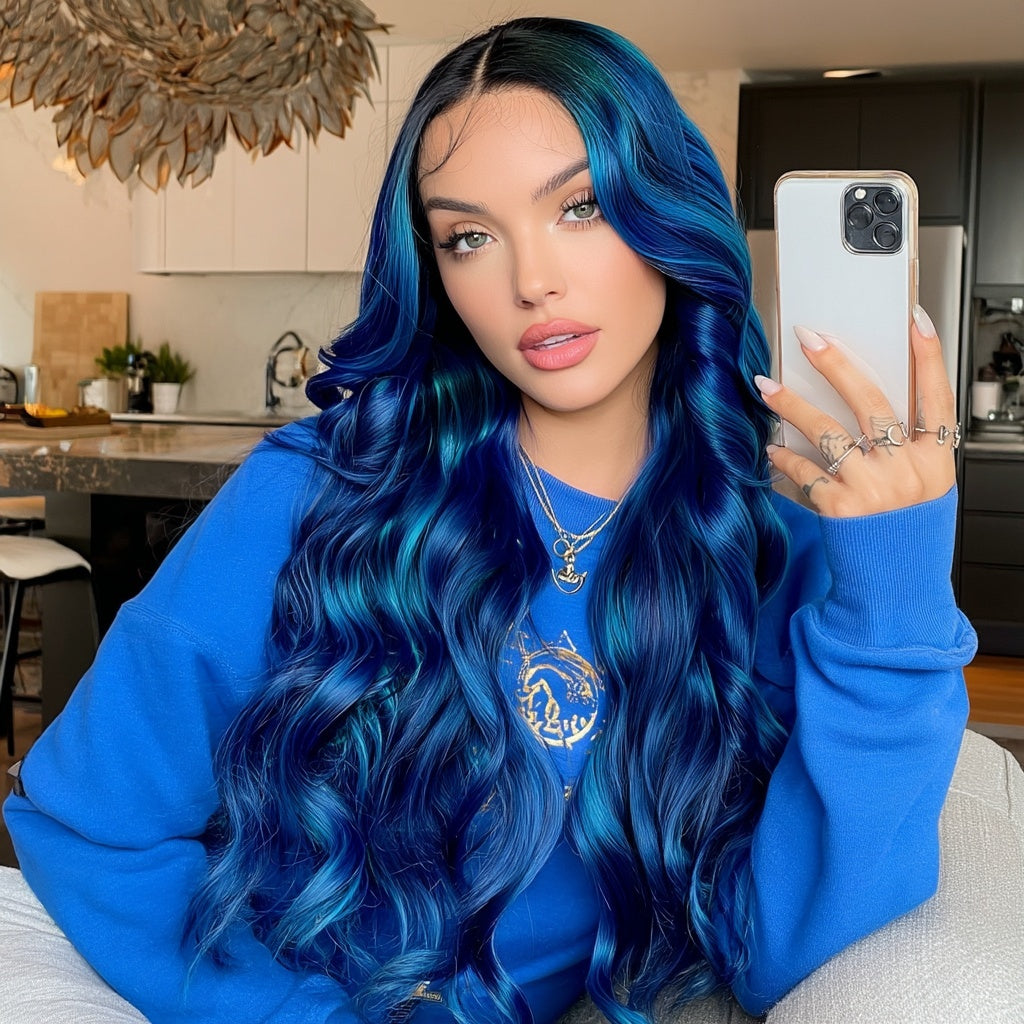 Long Blue Loose Curls Lace Front Wig Human Hair Blend - Lyla