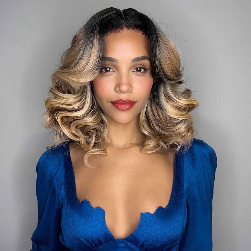 Short Mixed Blonde Highlights Curly HD Lace Front Bob Wig - Zara