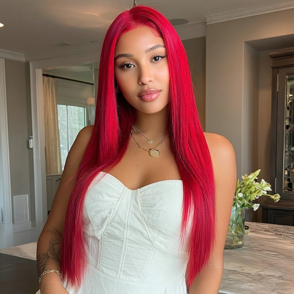 Long Straight Red Human Hair Blend Lace Front Wig - Cheri