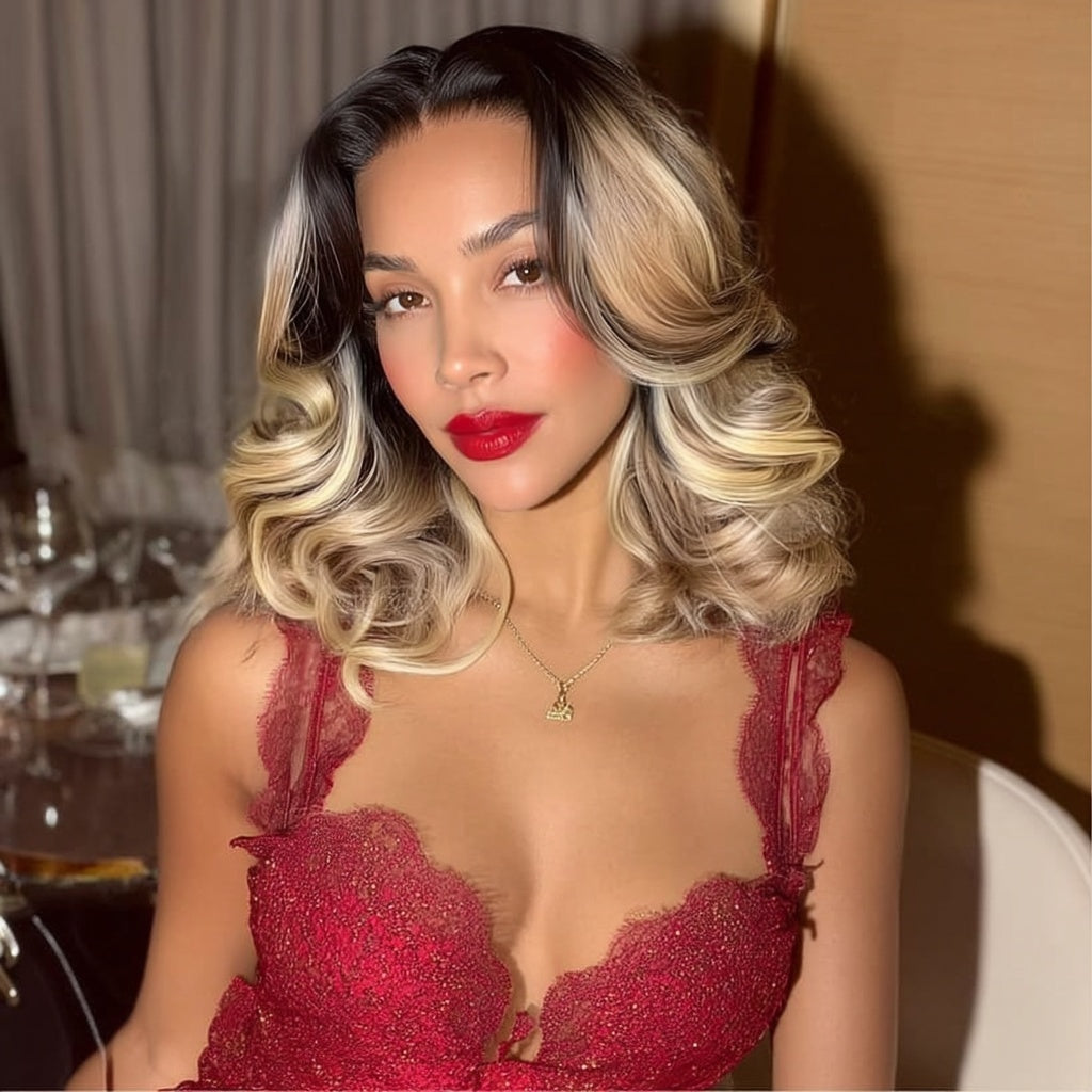 Short Mixed Blonde Highlights Curly HD Lace Front Bob Wig - Zara