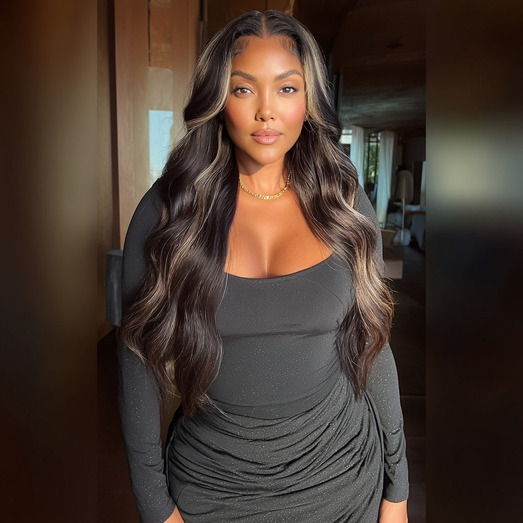 Long Wavy Black Blonde Highlights HD Lace Front Wig Center Part - Selene