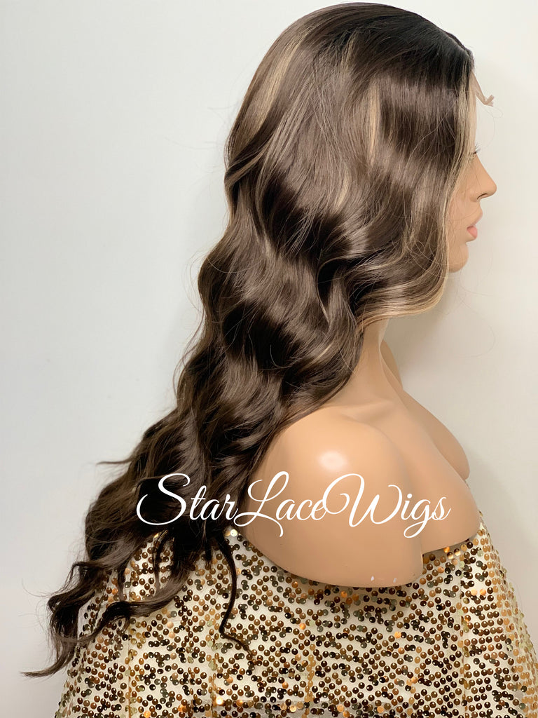 Long Wavy Wig Dark Brown Center Part Highlights Synthetic - Renee