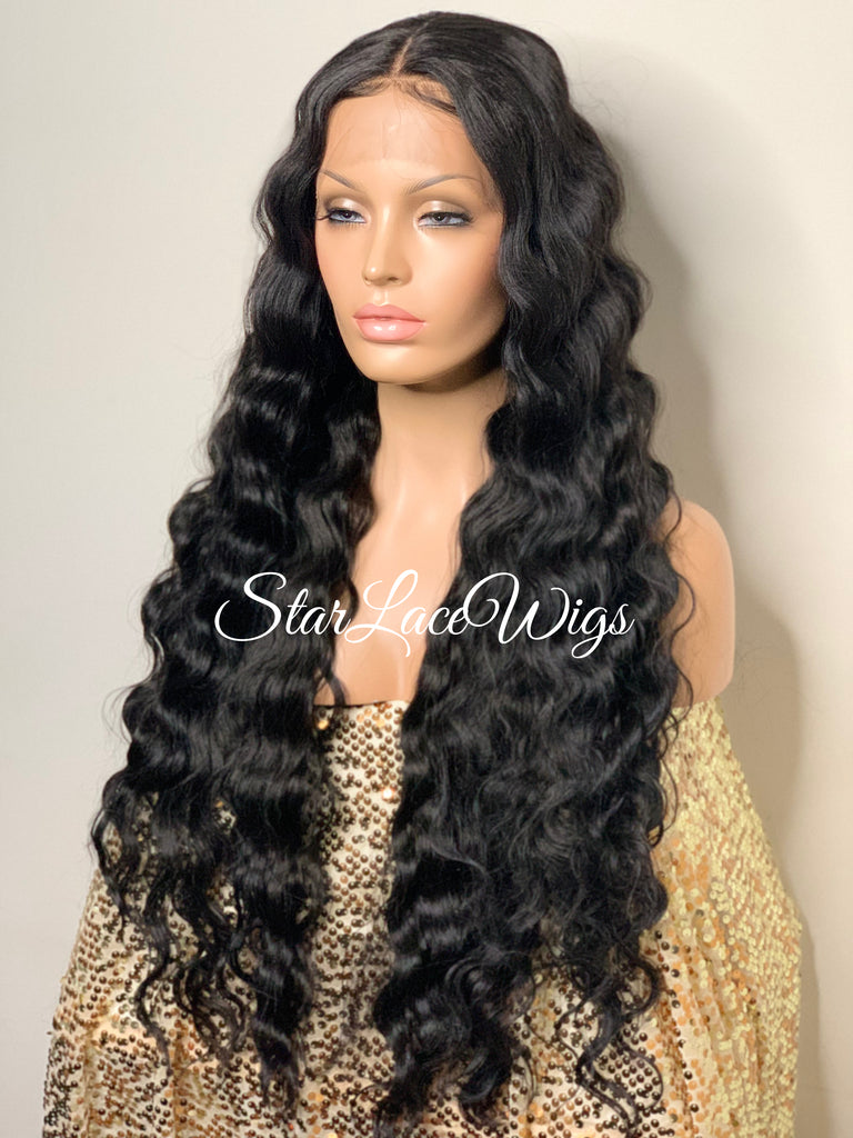 Long Black Crimped Wavy Human Hair Blend HD Lace Front Wig - Anita