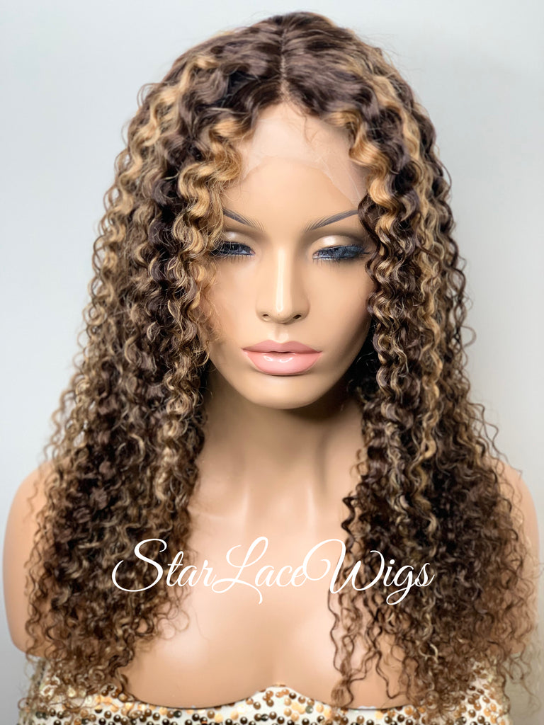 Lace Front Wig Kinky Curly Brown #4 T-Part Wig #27 Highlights - Cora