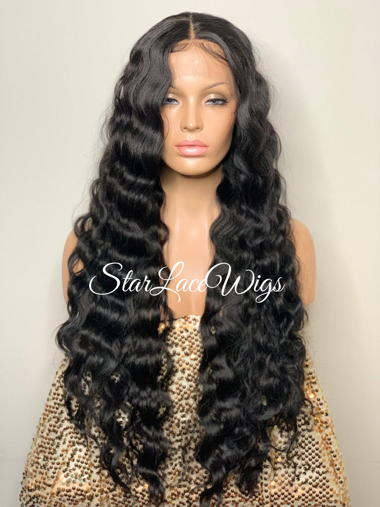 Long Black Crimped Wavy Human Hair Blend HD Lace Front Wig - Anita