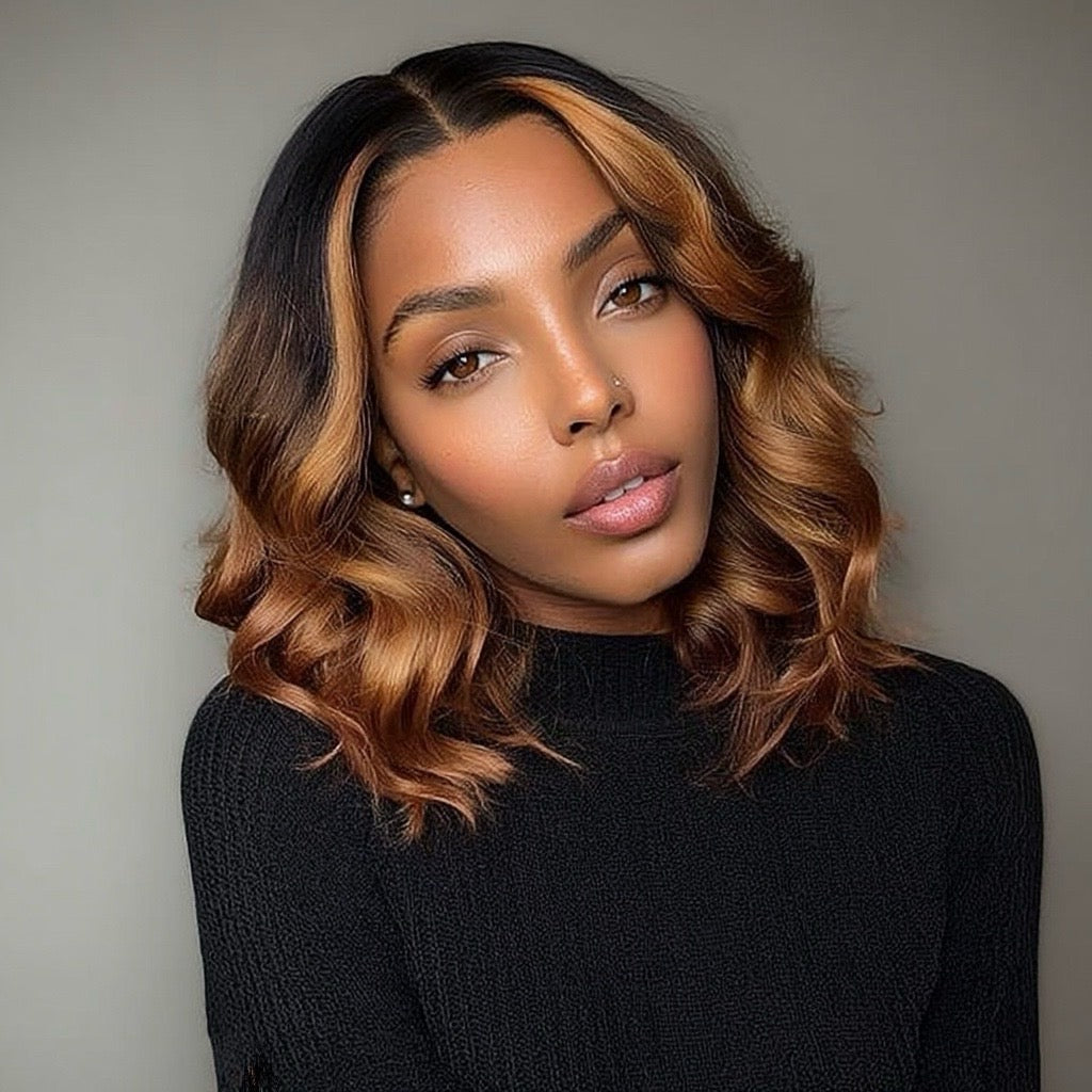 Short Wavy Brown Highlights HD Lace Front Bob Wig (13x6) Free Part - Genesis
