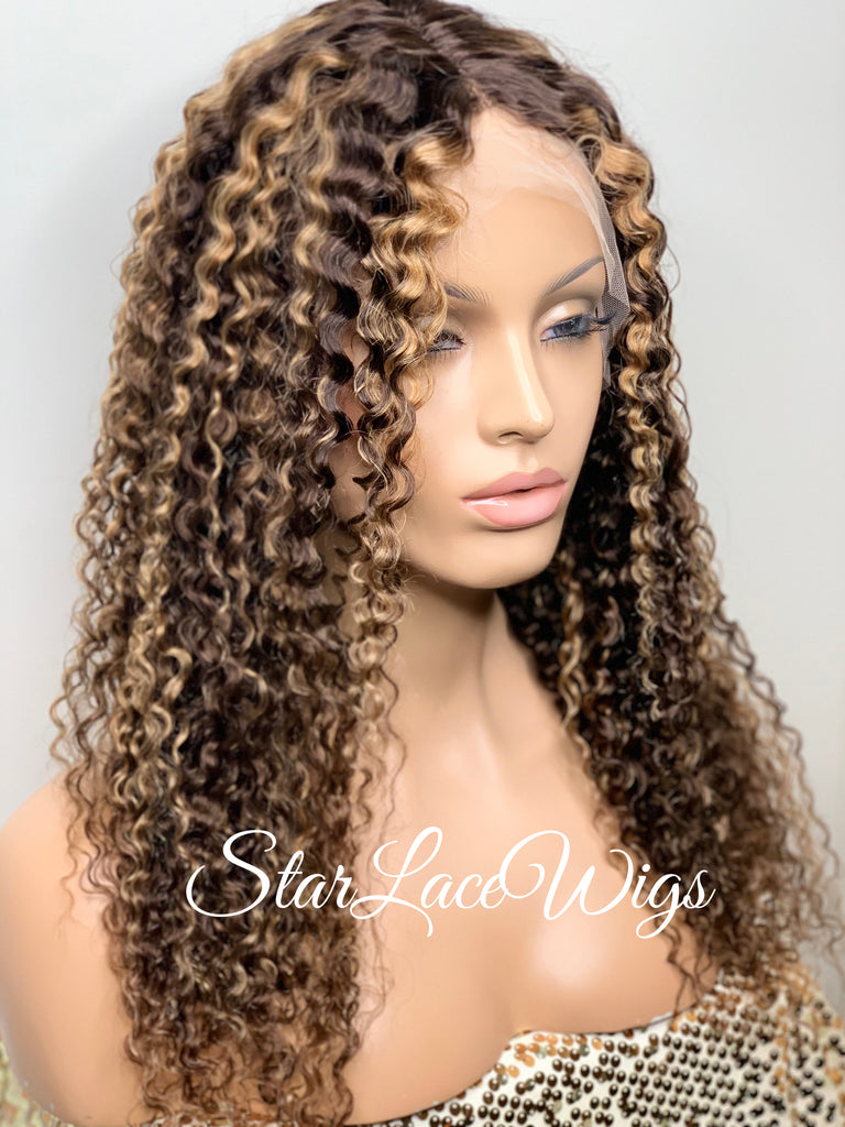 Lace Front Wig Kinky Curly Brown #4 T-Part Wig #27 Highlights - Cora