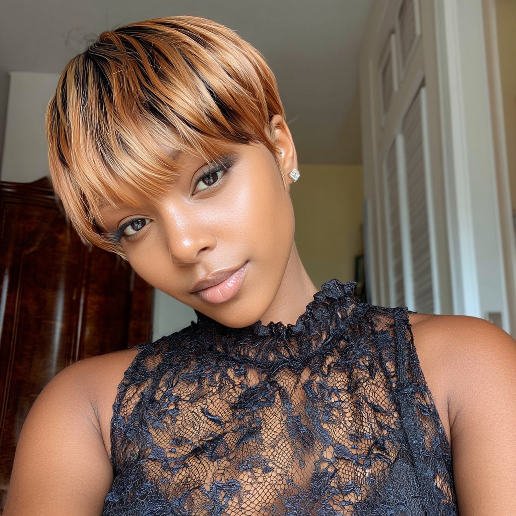 Short Straight Strawberry Blonde Pixie Wig Bangs - Val