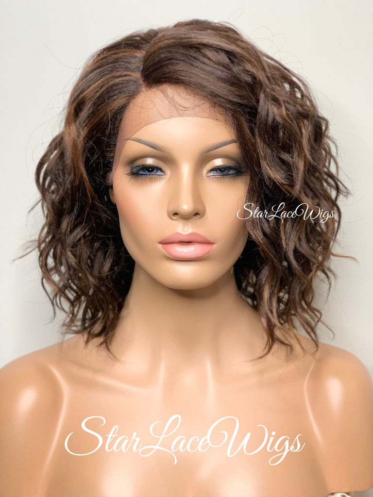 Wavy Bob Wig With Bangs Lace Front Side Part #4 Highlights #30 - Doris