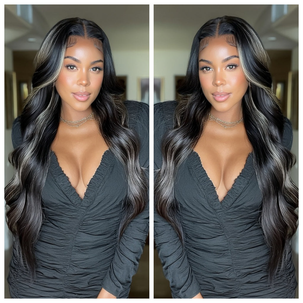 Long Wavy Black Blonde Highlights HD Lace Front Wig Center Part - Selene