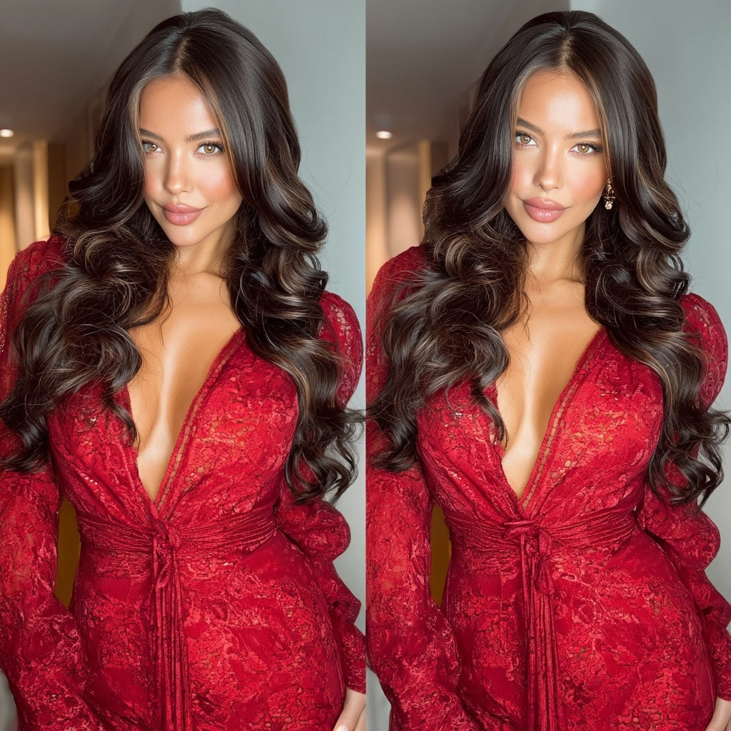 Long Curly Lace Front Wig (6x13) Parting Space Brown Auburn Highlights - Charly