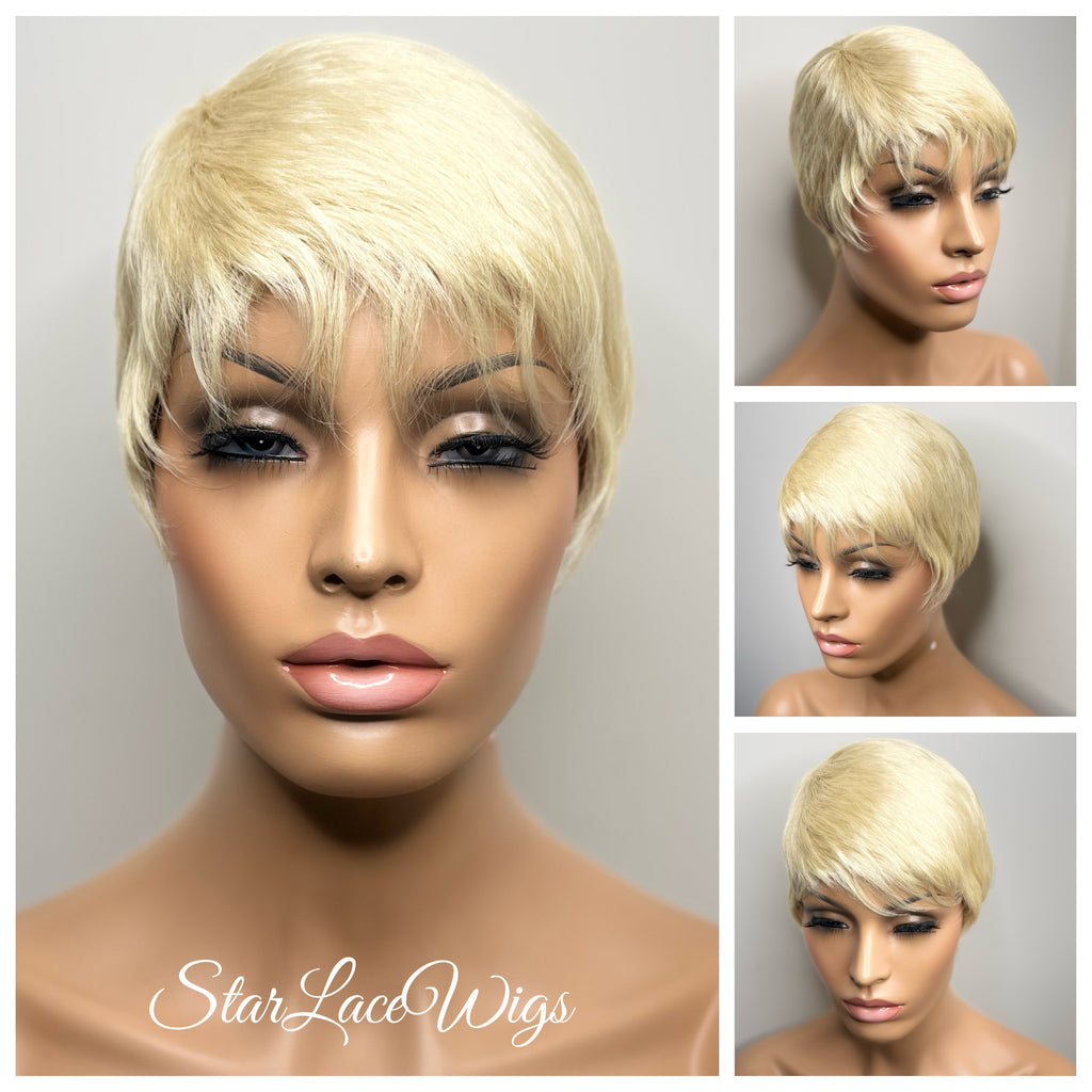 Short Straight Platinum Blonde Pixie Wig Bangs - Denise