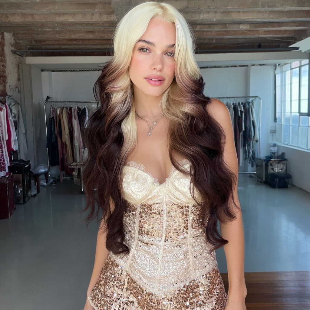 Long Blonde Brown Ombre Body Wave Human Hair Blend HD Lace Front Wig - Chance
